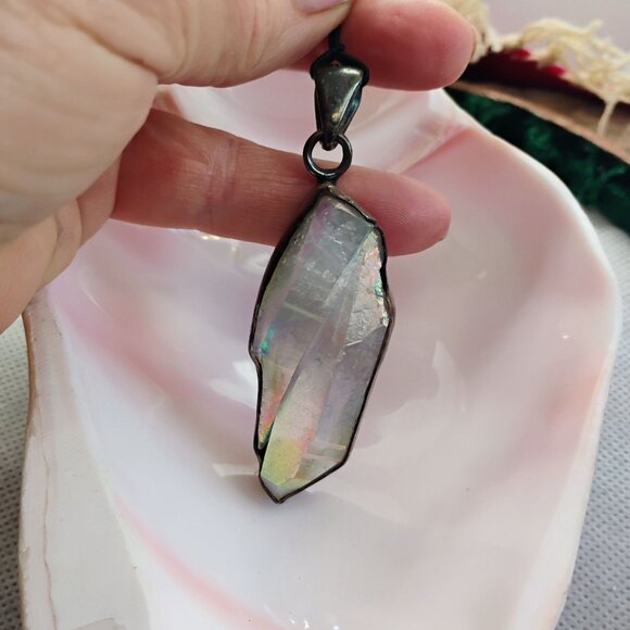 Charles Albert Sterling Silver Terminated Rainbow Aura Quartz Crystal Pendant - Picture 4 of 8